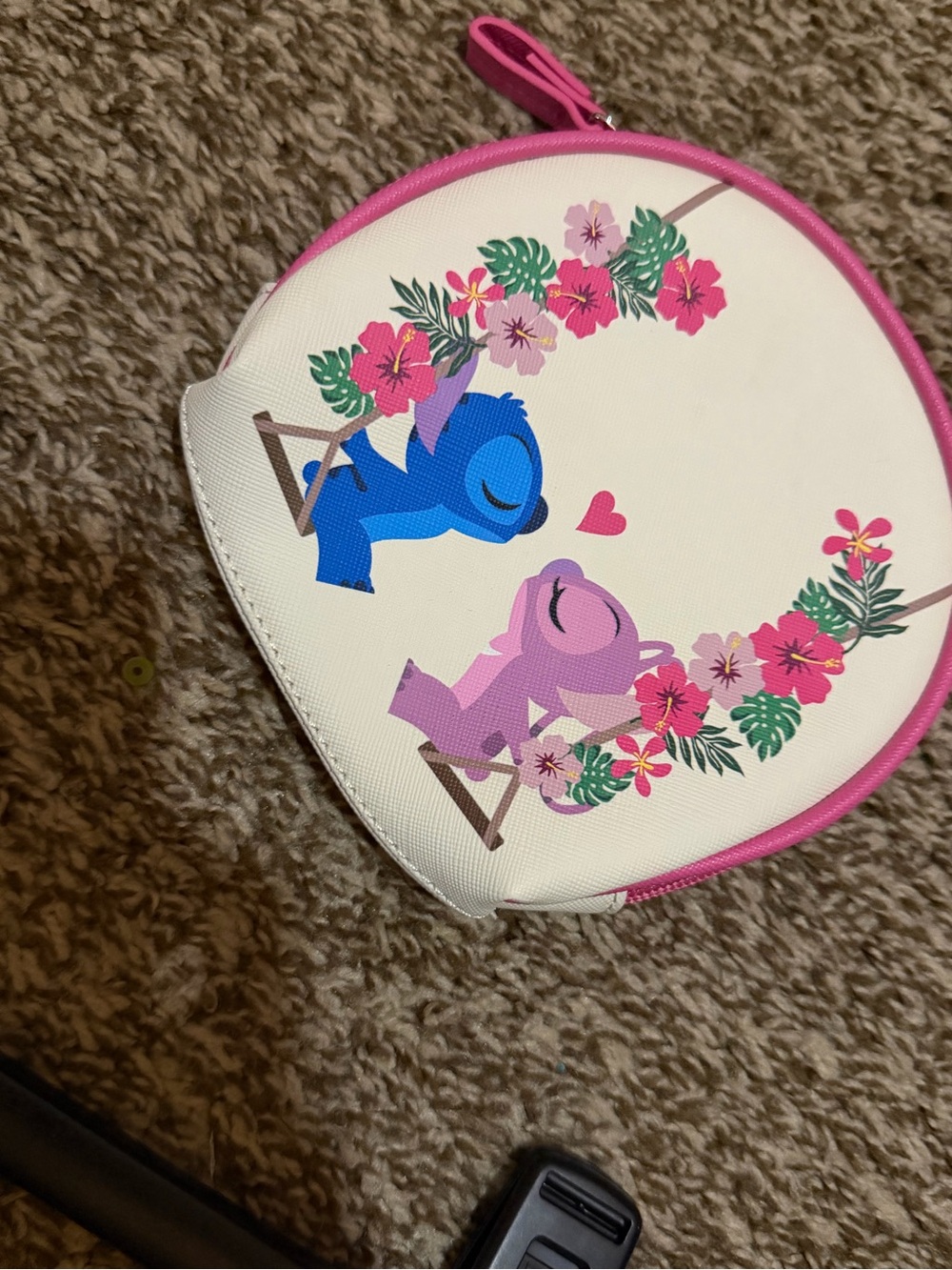 Disney Our Universe Stitch & Angel Floral Round Cosmetic Bag Zipper Pouch Pink